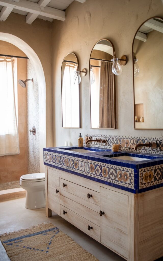 A photo of a modern Mediterranean bathroom. The main feature is a DIY mosaic tile vanity top with a mix of terracotta, cobalt blue, and cream-colored tiles in intricate patterns. The vanity base is a simple whitewashed wood, paired with bronze fixtures. Arched mirrors, warm stucco-textured walls, and natural light complete the airy, artisan-inspired atmosphere. The bathroom also has a toilet, shower area, curtained window, floor rug, etc.