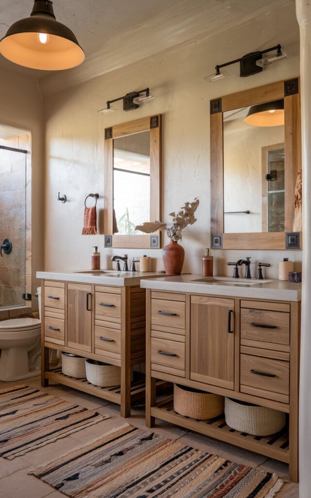 A photo of a modern Southwestern bathroom with dual wooden vanities. The vanities have clean lines and warm, earthy tones. Each vanity is topped with a white stone countertop and paired with a matching rectangular mirror framed in natural wood. Subtle terracotta and desert-inspired accents, like woven baskets and clay pots, add texture and regional flair. The bathroom also has a toilet, shower area, ceiling with pendant light (Warm light on), floor rug, etc.