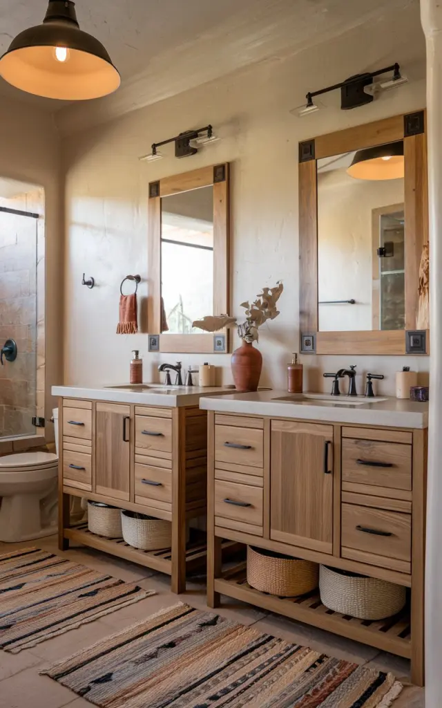 A photo of a modern Southwestern bathroom with dual wooden vanities. The vanities have clean lines and warm, earthy tones. Each vanity is topped with a white stone countertop and paired with a matching rectangular mirror framed in natural wood. Subtle terracotta and desert-inspired accents, like woven baskets and clay pots, add texture and regional flair. The bathroom also has a toilet, shower area, ceiling with pendant light (Warm light on), floor rug, etc.