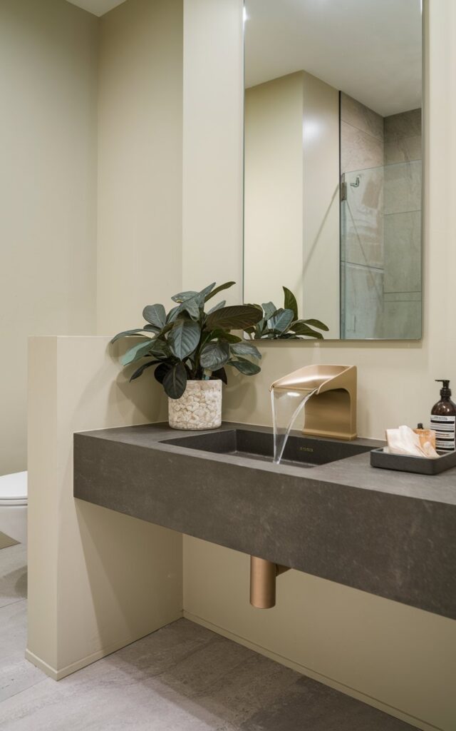 A photo of a modern bathroom with a waterfall faucet in matte gold. The bathroom sink is placed on a fully furnished countertop. The countertop has a dark grey hue and houses a potted plant. There's a mirror above the sink. The walls are painted in soft beige. The floor has a light grey hue.
