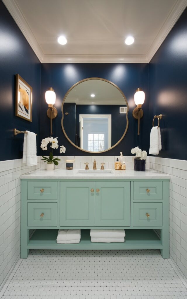 A photo of a modern chic bathroom with a pop of colors. The room has a mint green vanity, a navy accent wall with gold accents, and is fully furnished and well-decorated. The ceiling has LED lights.
