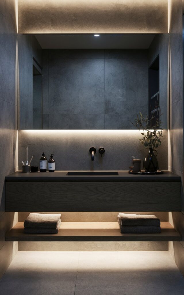 A photo of a modern, contemporary moody bathroom with a floating dark oak vanity and a sleek matte black minimalist faucet. The vanity is placed against a smooth concrete backsplash. There are ambient LED lights under the vanity. The vanity is furnished with essential items and decor.