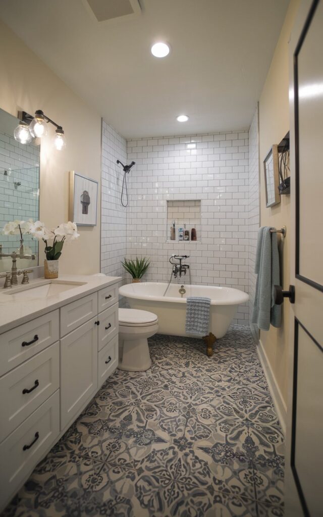 A photo of a modern cottagecore full bathroom with floor tiles that have a peel-and-stick vinyl pattern. The bathroom is fully furnished with a freestanding bathtub, a sink with a vintage faucet, a toilet, and a few decorative items. The recessed ceiling has LED lighting. The bathroom has no natural light.