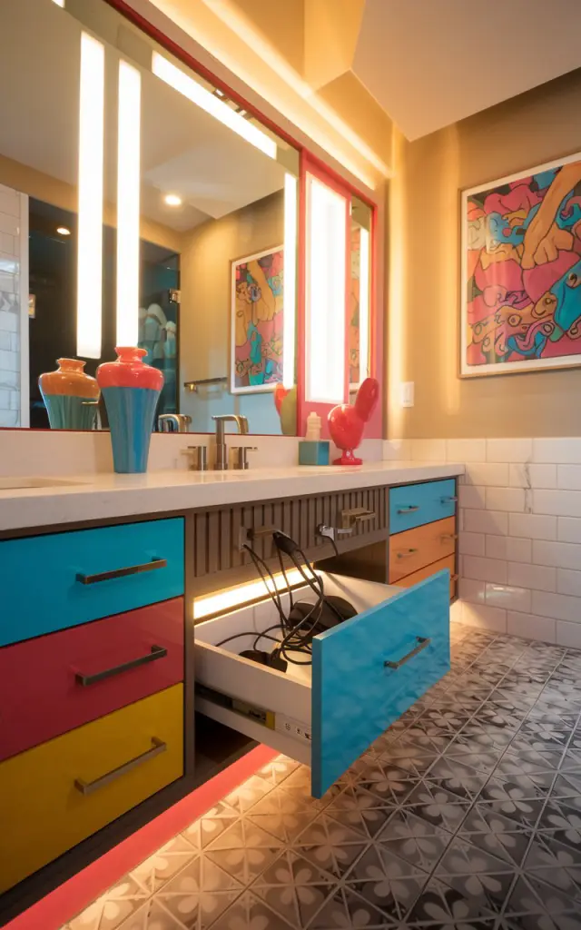 A photo of a modern eclectic bathroom with a bold, mixed-material vanity. The vanity has colorful drawer fronts and sleek hardware. There is a built-in charging station discreetly tucked inside a drawer, with cords neatly organized. The floor has patterned tile flooring. There are quirky art prints on the wall and vibrant accessories. The design approach is playful yet functional. Warm LED lighting illuminates the space; there is no natural light.