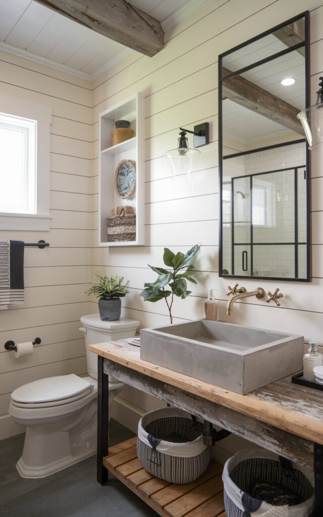 A photo of a modern farmhouse bathroom with a rustic charm and contemporary elements. The bathroom features a concrete sink on a reclaimed wood vanity, with sleek brass faucets. The walls are painted soft white and have shiplap paneling. There's a classic white toilet, a black-framed mirror, and industrial-style sconces. The space also includes a few decorative items, such as a potted plant and woven baskets. The overall design is cozy and refined, with a touch of industrial style.