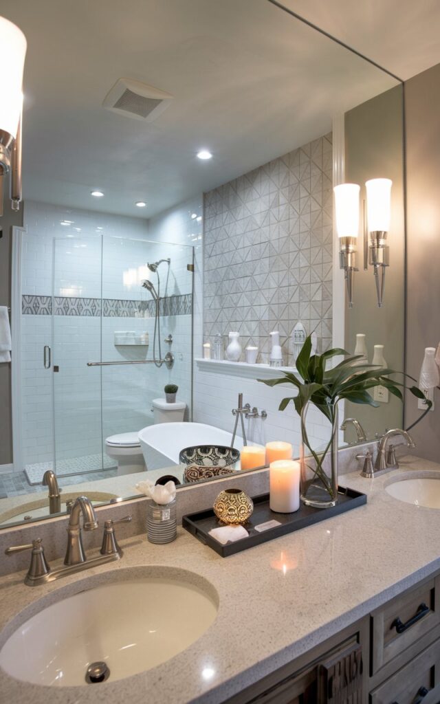 A modern glam + cottagecore luxury bathroom with a quartz countertop. There are essential items and decor on the countertop, such as a decorative bowl, a candle, and a potted plant. The bathroom is fully furnished, with a freestanding bathtub, a separate shower area, a toilet, and a sink. The wall has a decorative tile pattern. The room has dimmable lights.