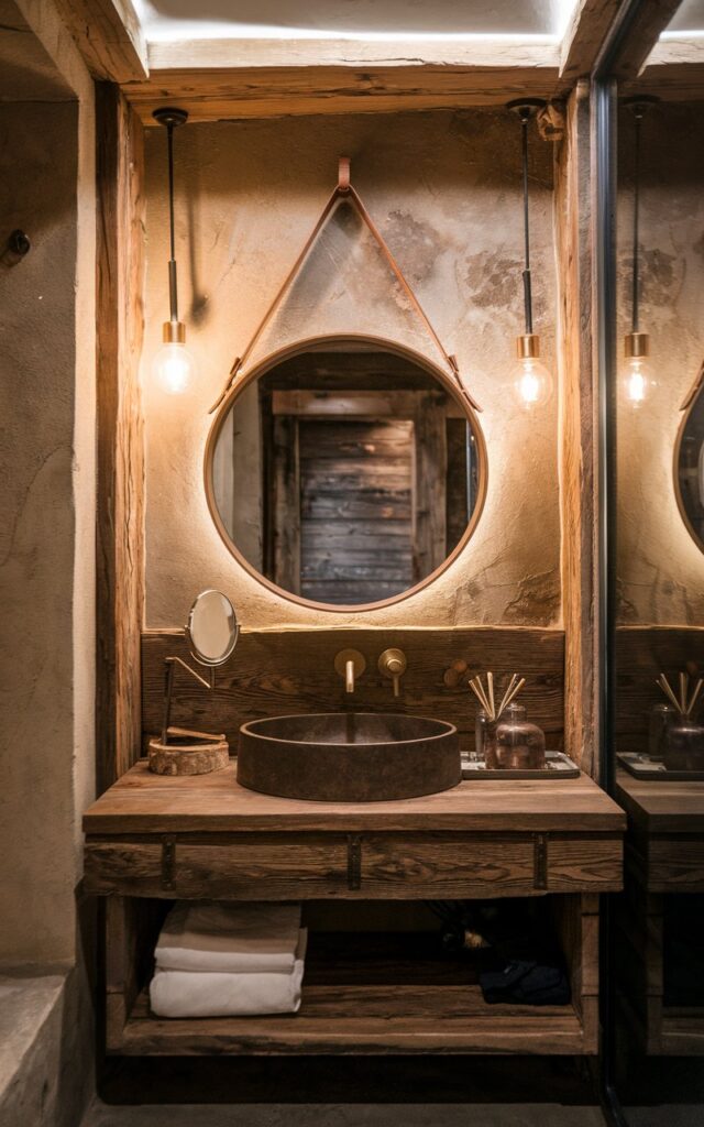 A photo of a modern rustic bathroom with a round mirror hanging from a leather strap and brass hook. The space features a reclaimed wood vanity, brass fixtures, and warm ambient lighting. The vanity is fully furnished. The wall is textured concrete. The overall design has earthy tones and natural accents, creating a cozy, upscale cabin vibe.