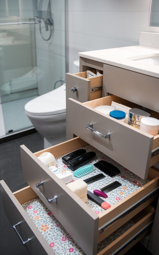 A medium shot of a modern bathroom with a vanity. The vanity has several drawers. Inside the drawers, there's a small floral patterned contact paper. The drawers contain skincare items, combs, toothpaste, and more. The bathroom also has a toilet and a shower area.