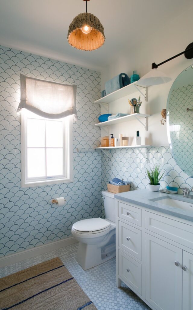 A photo of a modern, whimsical coastal full bathroom. The wall has a ceramic tile fish scale pattern. The bathroom features a toilet, a vanity, open shelves with essentials, a curtained window, a rug on the floor, and a coastal pendant light on the ceiling.