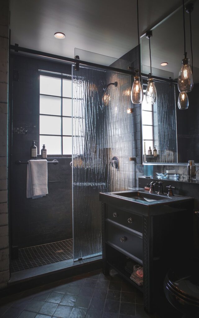A photo of a moody Gothic bathroom with a smoked glass shower door. The bathroom features dark hues, a contrast vanity, and pendant lights. The bathroom is fully furnished. Natural light is soft and ambient.