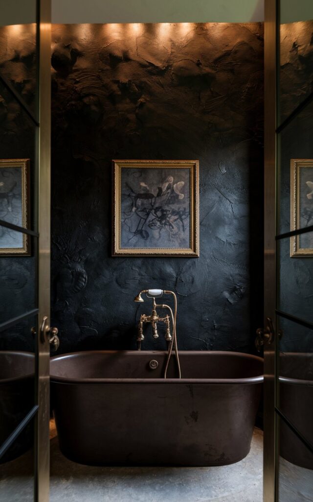 A photo of a moody Gustavian bathroom with a dramatic textured accent wall in dark charcoal plaster and framed wall art. The wall adds depth and shadow play behind a freestanding deep brown tub. Ambient lighting highlights the rich texture, while brass accents and smoky mirrors complete the atmospheric look.