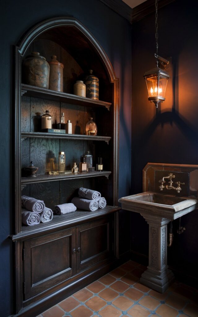 A moody Southern Gothic-style bathroom with a dark mahogany finish built-in wooden shelf. The shelf is filled with antique jars, rolled towels, and vintage perfume bottles. The walls are deep indigo, and there is an ornate brass fixture and a carved pedestal sink. The terracotta tile floors have a hanging lantern, which casts warm, dappled light. The overall atmosphere is rich in textures and low warm lighting.