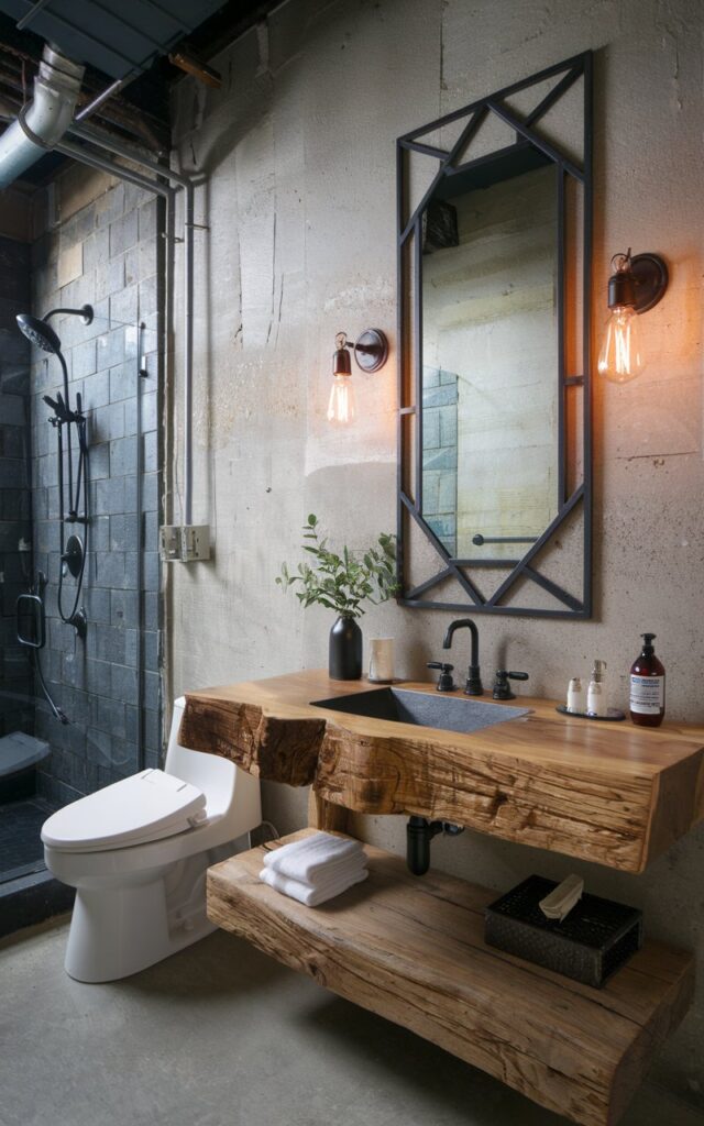 A photo of a neo-industrial meets rustic bathroom. The bathroom has a bold, geometric black metal-framed mirror, a raw, reclaimed wood vanity, exposed pipes, concrete walls, and Edison bulb sconces. There is also a toilet and shower area. The vanity's natural texture and organic shape contrast with the mirror's clean, angular lines. The industrial grit and cozy rustic balance create a design-forward focal point.