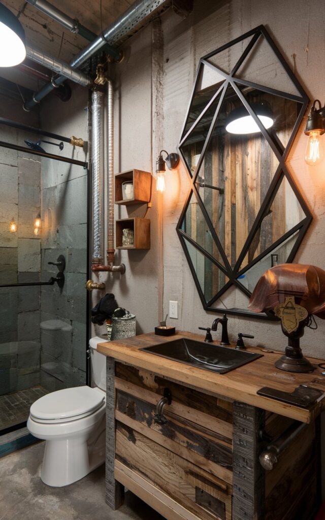 A photo of a neo-industrial meets rustic bathroom, with a bold, geometric black metal-framed mirror on the wall. Next to it, there's a raw, reclaimed wood vanity with a vintage accessory. The room has exposed pipes, concrete walls, and Edison bulb sconces that add industrial grit. There are warm wood tones and a vintage accessory that bring cozy rustic balance. The bathroom also has a toilet and a shower area.
