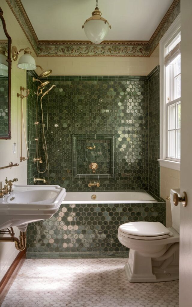 A photo of a Victorian-style bathroom with a penny round tile backsplash in emerald green. The bathroom is fully furnished with a bathtub, sink, and toilet. There is a dimmable light fixture above the bathtub and a window with natural light. The tiles on the floor have a subtle pattern. The room has a vintage feel with brass fixtures and a decorative border at the top of the wall.
