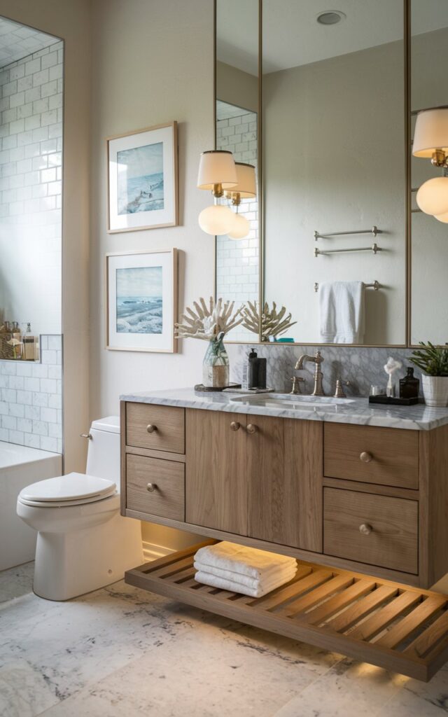 A photo of a Gustavian-style bathroom with a wooden floating vanity and under-vanity lighting. The vanity has a marble top and features a few toiletries. The walls are painted white and have coastal artwork. There is a toilet and a bathtub in the bathroom. No natural light.