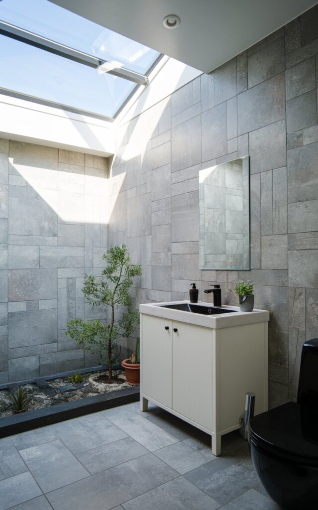 A photo of a Japandi-style bathroom with a white vanity and a black sink. The wall is covered with large-format grey tiles. There's a small potted plant near the vanity. The floor also has large format tiles. The room has a skylight, allowing morning sunlight to illuminate the space.