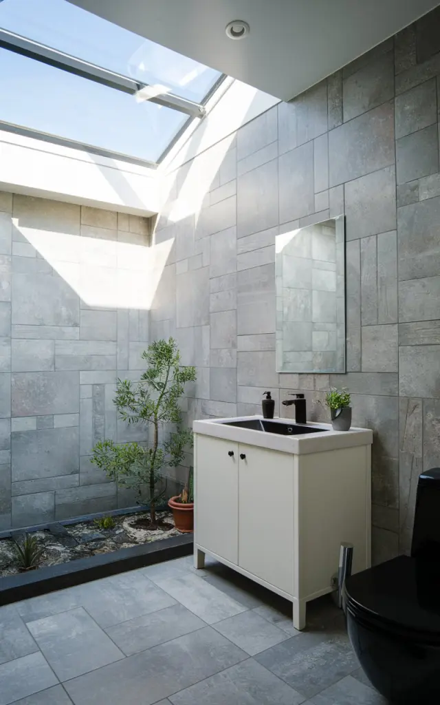 A photo of a Japandi-style bathroom with a white vanity and a black sink. The wall is covered with large-format grey tiles. There's a small potted plant near the vanity. The floor also has large format tiles. The room has a skylight, allowing morning sunlight to illuminate the space.