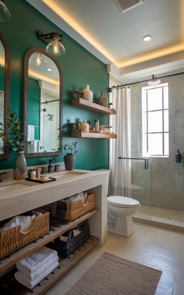 A photo of a Mediterranean-style full bathroom with a forest green accent wall. The bathroom features a toilet, a glass door shower area, a curtained window, and a recessed ceiling with LED lights. There are rattan baskets with toiletries under the vanity, reclaimed wooden shelves with essentials and decor, and a ceramic flower vase. The space has a luxurious touch and look. The natural light is soft and ambient.