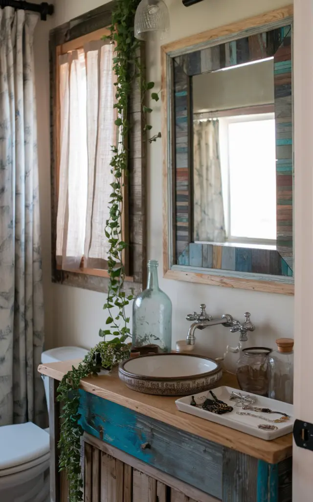 A photo of a bathroom with a reclaimed wood-framed mirror above a rustic vanity. The vanity has vintage glass bottles, a ceramic dish of jewelry, a sink, a trailing plant, etc. The room has a toilet, curtained window. The mirror has a slightly weathered, antique vibe. The bathroom is illuminated by natural light.