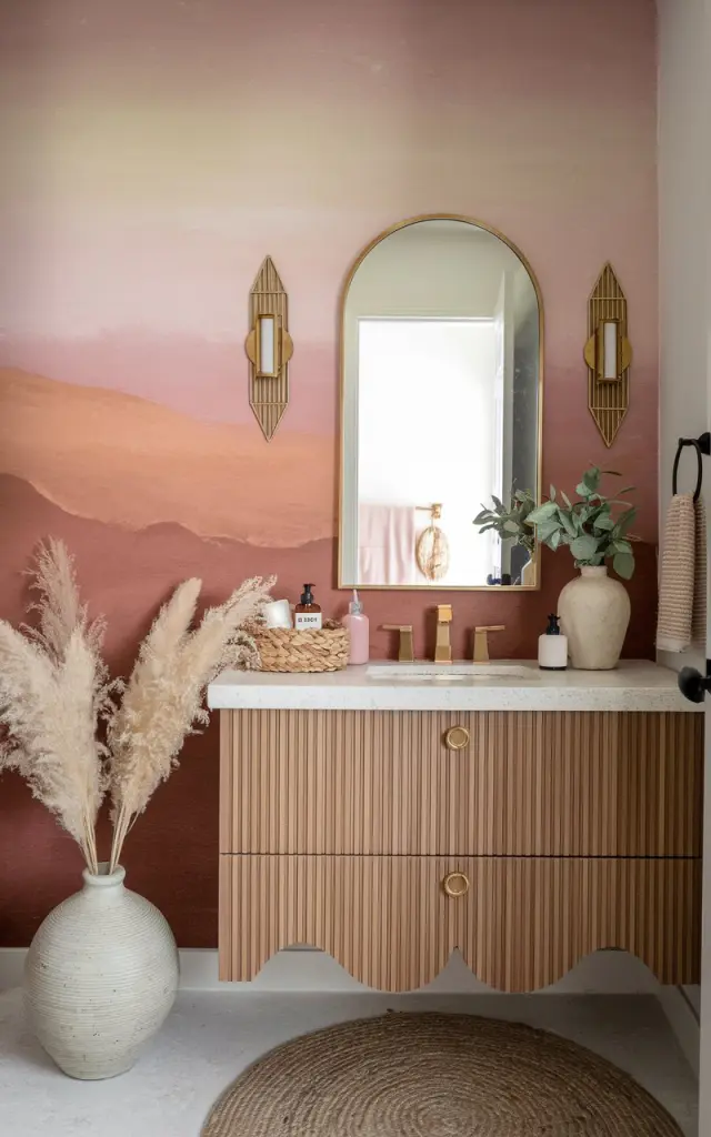 A photo of a bathroom with an ombré gradient wall painting that fades from warm clay at the base to soft blush or sandy beige at the top, inspired by desert sunsets. The wall is accented with sleek art deco touches, including a gold-framed mirror, geometric sconces, and a scalloped-edge vanity. Natural textures, such as woven baskets with toiletries, pampas grass in a long ceramic vase, balance the softness of boho style with the glam of art deco.