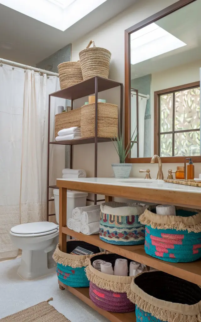 A photo of a bohemian-style bathroom having a fully furnished wooden vanity with a few storage baskets underneath it on shelves. The baskets are made of woven seagrass, fringed cotton, and hand-painted colorful designs. They hold rolled towels, bath products, and magazines. The bathroom also has a toilet, shower area, and a curtained window. The ceiling has a skylight, which provides soft natural light.