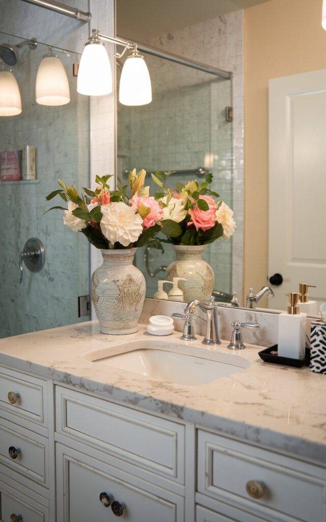 A photo of a charming glam bathroom vanity with a peel-and-stick marble-look paper on the countertop. The vanity has essential items, fresh flowers in a ceramic vase, and a mirror. The background contains a shower and a door. The overall ambiance is warm and inviting.