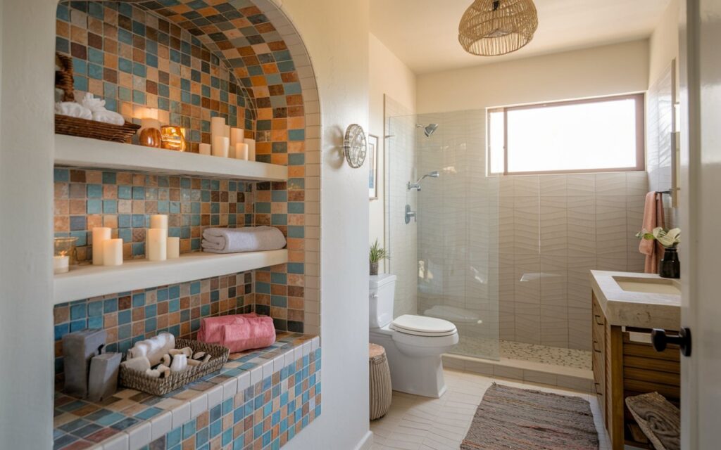 A photo of a charming modern Boho bathroom with a niche area. The niche area is made of bright, bold mosaic tiles and has open shelves with candles, decor, and towels. The rest of the bathroom has neutral color ceramic tiles in a wavy pattern. There is a toilet, shower area, vanity, floor rug, and Boho ceiling pendant light in the bathroom. The natural light is warm and filtered. The space is well decorated and organized.