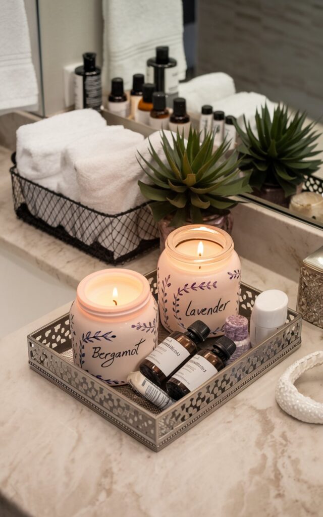 A photo of a luxe vanity in a bathroom with a glam chic look. On the vanity, there are 2 well-lit candles in hand-painted jars with "bergamot" and "lavender" scents, a faux plant, and a variety of oils. All of these items are placed in a decorative tray. In addition to these items, the vanity also holds towels and beauty products, all neatly organized in a basket.