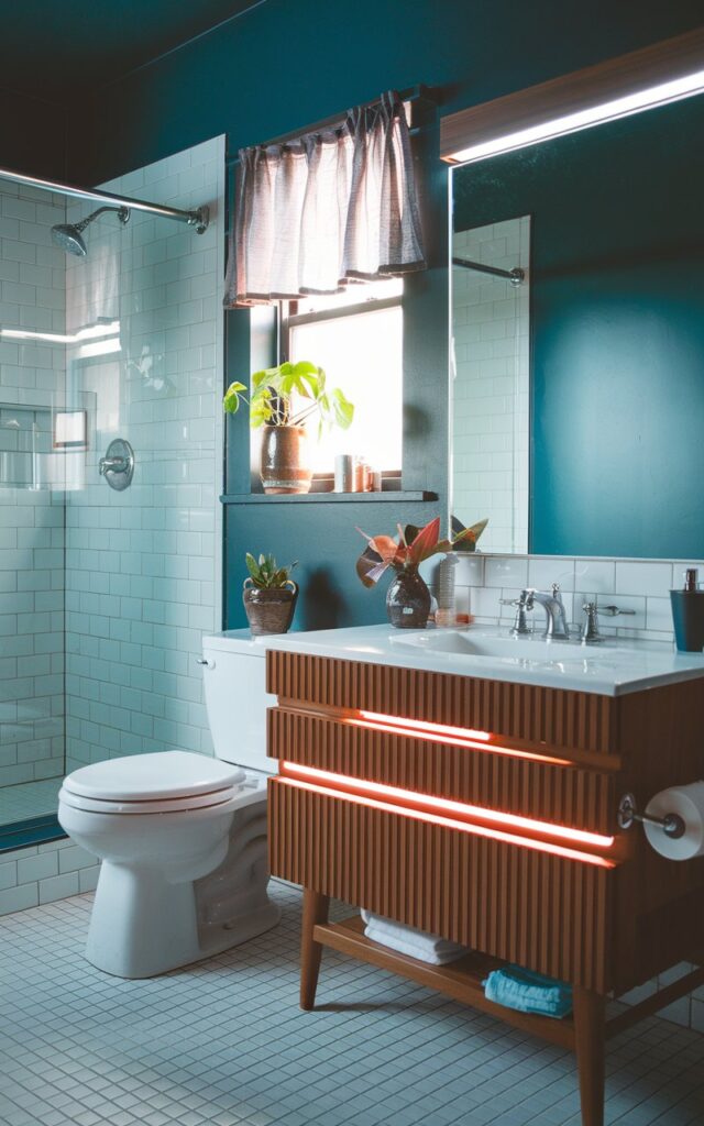 A photo of a mid-century modern bathroom in moody color palette (deep blue, dark green) with a ribbed rich brown vanity that has LED strip lighting.