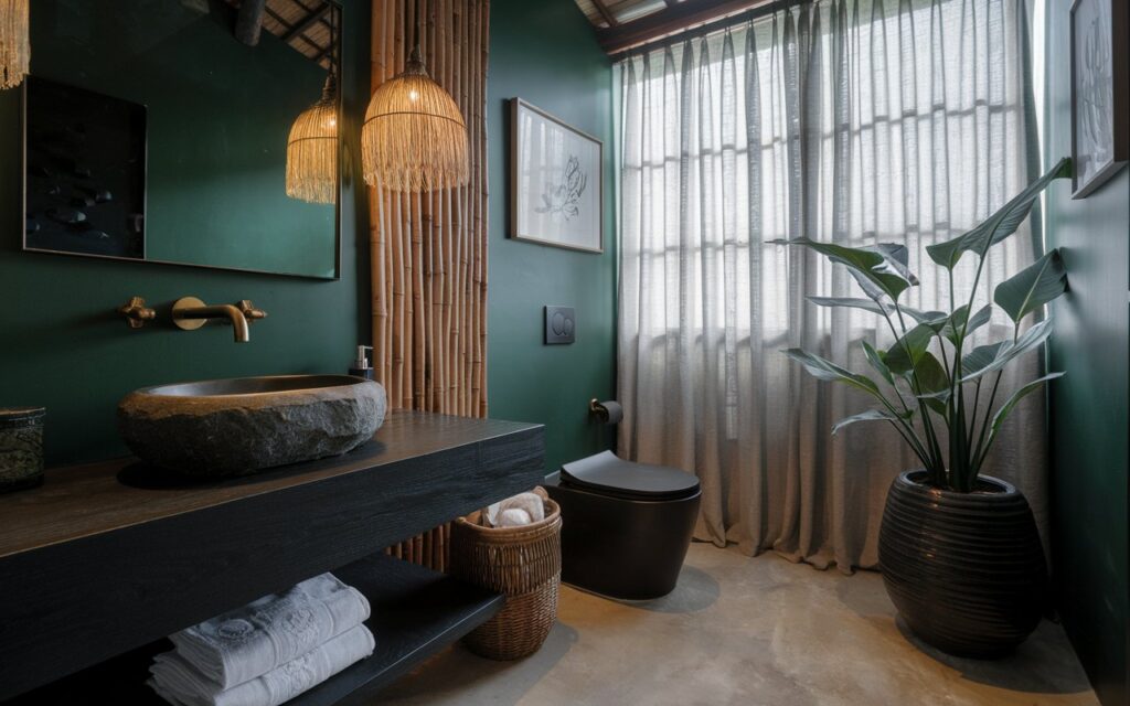 A photo of a moody bathroom with a blend of modern Balinese and cottagecore styles. The space features a dark wood vanity with a matte stone basin, paired with antique brass fixtures. A minimalist toilet sits beside a handwoven basket of linens. Deep green walls (with 2 framed art) contrast with warm bamboo accents and lush plants in a tall, sleek black ceramic pot in the corner. Soft pendant lighting and sheer drapes on a trimmed window filter natural light, creating a serene, earthy atmosphere.