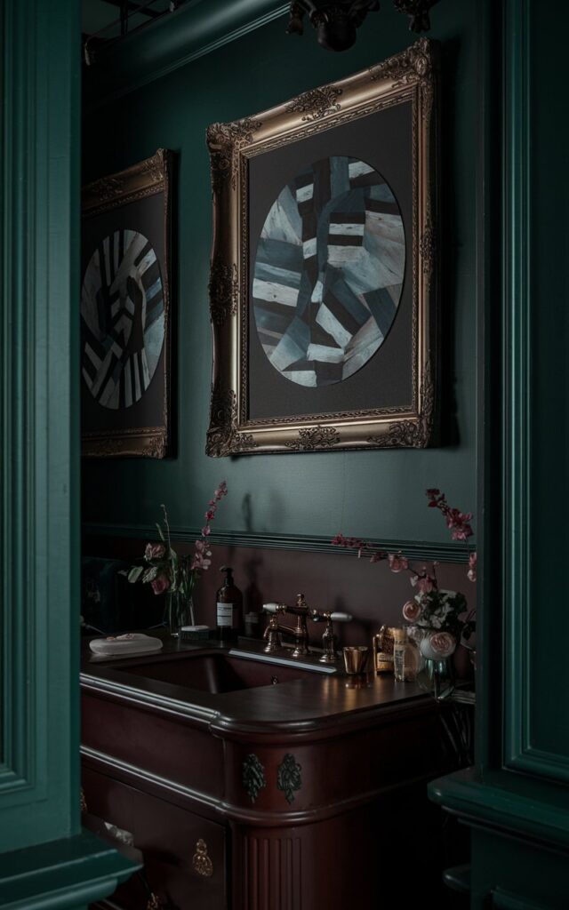 A cinematic shot of a moody, dark Gustavian bathroom with deep green hues. There are two abstract art designs on the wall with a gold frame. The bathroom contains a rich brown vanity with essentials and other items. The room is intimate, elegant, and cinematic, like a scene from a gothic romance film. Natural light is soft and ambient.