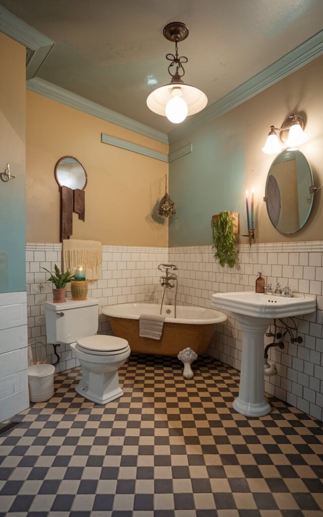 A photo of a retro-style full bathroom with a checkerboard floor. The bathroom is fully furnished, with a vintage bathtub, a pedestal sink, and a toilet. The room has a painted ceiling and a vintage-style pendant light (light on). The walls have a few decorative items, including a mirror, a candle, and a potted plant. The space looks warm, inviting, and well-decorated.