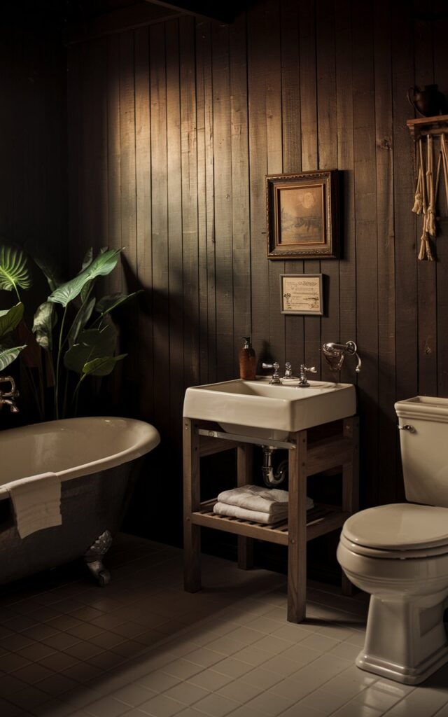 A photo of a rustic bathroom with a deep, moody tone. The wall is panelled with wood in a golden hour lighting. The wall has a framed painting or a decor art piece. There is a vintage bathtub, a sink with a wooden stand, and a toilet. The floor is tiled. There is a potted plant next to the bathtub. The overall ambiance is warm and cozy.