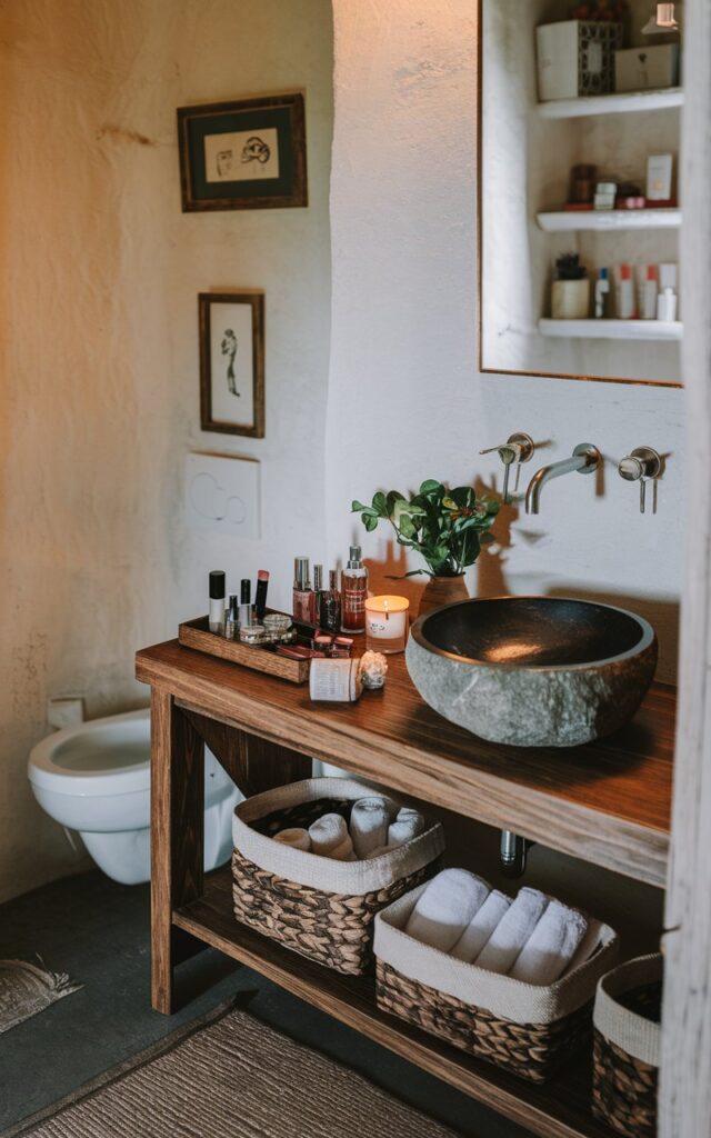 A photo of a rustic bathroom with a wooden vanity and a stone vessel sink. A few towels are rolled up and placed in woven baskets. The vanity has makeup items organized in clear containers, a scented candle, a plant, and a decor item. The floor is covered with a rug. The walls have two framed art and open shelves with essentials. The lighting is warm.