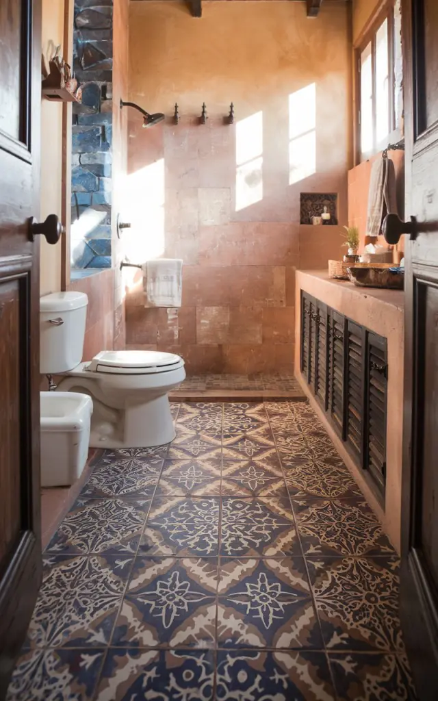 A photo of a sun-drenched bathroom with hand-stenciled floor tiles featuring tribal or mandala patterns in deep blues, terracotta, and ivory. The intricate designs evoke Mediterranean tilework with a boho twist. Warm-toned walls, wooden accents, enhance the artisanal, old-world charm while keeping the vibe relaxed and personal. The bathroom has a toilet, vanity, shower area, etc.