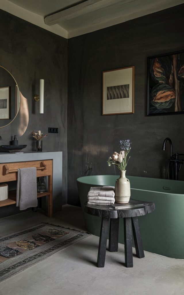 A photo of a transitional style bathroom with a moody ambiance. There is a minimalist Gothenburg-style table made of natural dark-stained wood next to a matte green soaking tub. The bathroom has a vanity and a floor rug. The walls are textured charcoal (With framed art), and the lighting is muted. There is a ceramic vase and folded linen towels on the table, adding a touch of Scandinavian elegance.
