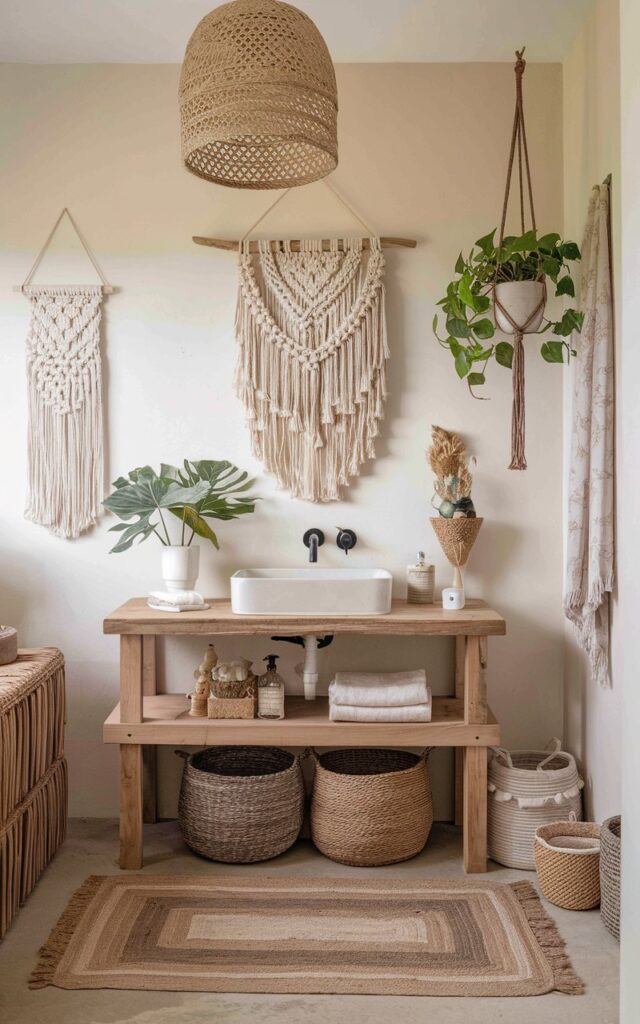 A photo of a relaxed farmhouse bathroom with warm boho vibes. The room contains a wood vanity with natural woven baskets of varying sizes tucked under it. The walls are painted in a soft off-white hue. Macramé wall hangings and hanging potted plants add texture. Earthy tones, rattan accents, and layered jute rugs create a cozy, collected feel. The space feels calm, lived-in, and effortlessly stylish with a mix of rustic utility and free-spirited charm.