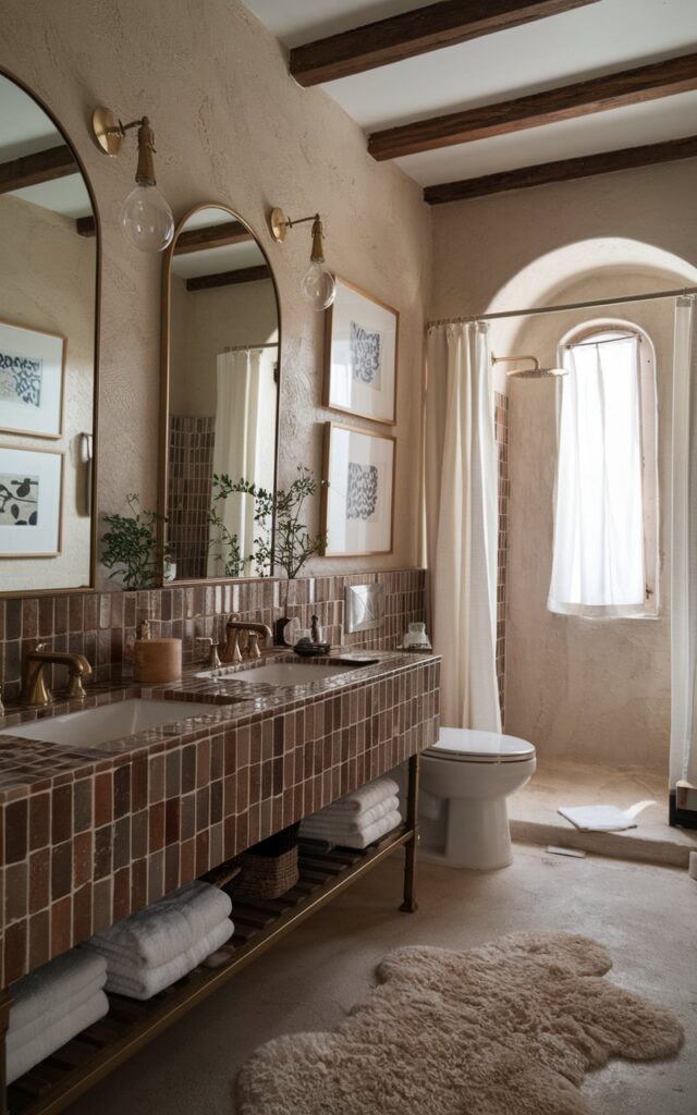 A photo of a rustic Mediterranean bathroom with a vertical zellige tile backsplash for the vanity. The vanity is fully furnished with essentials, including a plant. The bathroom has arched mirrors, brass accents, and textured walls with framed art. There is a toilet, shower area, curtained window, and a fluffy rug. The space is modern, clutter-free, and aesthetic. The natural light is soft and even.
