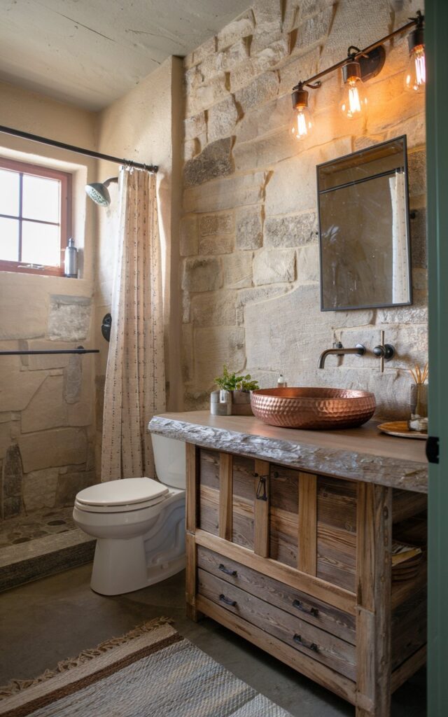 A photo of a rustic bathroom with natural stone walls, a reclaimed wood vanity, and matte black metal fixtures. The vanity top is a rough-edged stone, paired with a hammered copper sink. The room has a toilet, shower area, curtained window, and a floor rug. The lighting is warm and earthy, creating a cozy, layered aesthetic.
