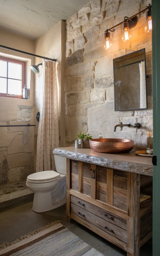 A photo of a rustic bathroom with natural stone walls, a reclaimed wood vanity, and matte black metal fixtures. The vanity top is a rough-edged stone, paired with a hammered copper sink. The room has a toilet, shower area, curtained window, and a floor rug. The lighting is warm and earthy, creating a cozy, layered aesthetic.