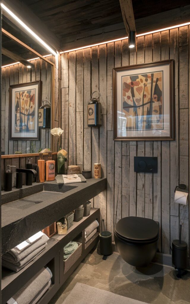 A photo of a rustic bathroom with a fluted wood paneled wall and framed art. The space includes a stone countertop vanity, matching dispensers, decor pieces, matte black fixtures, a toilet, soft ambient lighting, etc. The bathroom is lively and attractive.