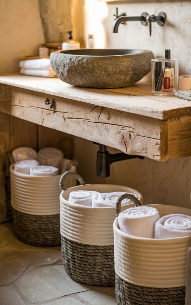 A photo of a rustic bathroom with a wooden vanity and a stone vessel sink. There are rolled towels in woven baskets on the floor. There's a clear container with makeup items on the vanity. The lighting is warm and soft.