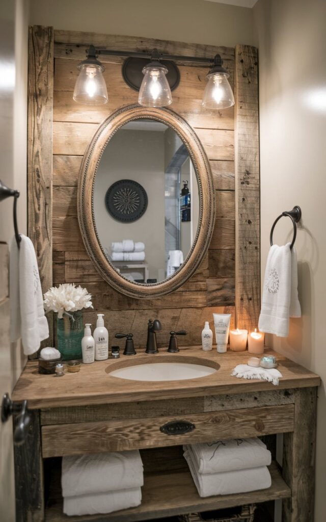 A photo of a rustic cottagecore full bathroom with a vanity made of reclaimed wood. The vanity has an oval mirror with a rustic frame and is adorned with various skincare and haircare products, a flower vase, liquids, and candles. All items are neatly arranged. The bathroom has dimmable lights.