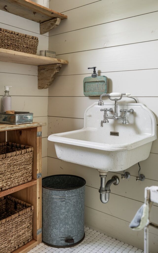A photo of a rustic farmhouse bathroom with a vintage-style porcelain sink and a weathered soap dish. There's a galvanized waste bin in the corner. The walls are made of shiplap and are painted in soft white. There are natural wood accents and woven baskets for storage. The galvanized metal accessories add a rugged charm to the space.