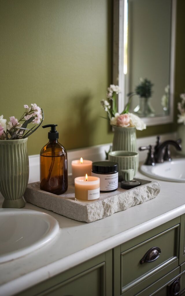 A rustic farmhouse full bathroom with a green accent wall. The countertop has an amber glass pump bottle with handwash liquid, decorative stone trays with candles, skincare items, and ceramic tumblers with flowers. The vanity has green accents as well. The lighting is soft and ambient.