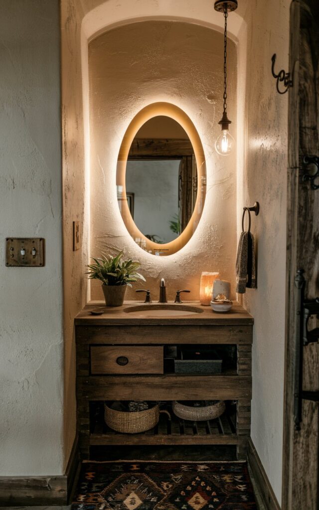 A photo of a rustic half bathroom with a unique, oval-shaped backlit mirror above a vanity. The mirror has a warm, golden hue. The vanity has a wooden countertop and features a few decorative items, including a potted plant and a candle. The walls are adorned with a vintage-style light switch and a hanging light fixture. The floor is covered with a patterned rug. The overall space is well-decorated and fully furnished.
