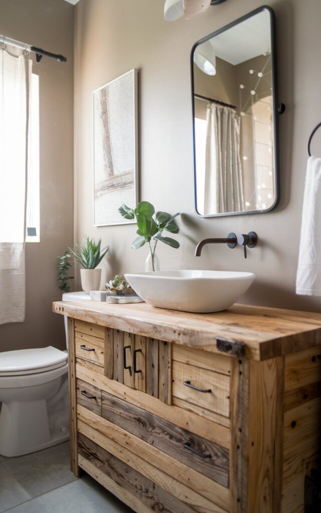 A photo of a rustic-modern chic bathroom with a DIY vanity built from reclaimed wood. The vanity has a natural, weathered finish and features a white vessel sink and sleek matte black hardware. There's a frameless mirror on the wall, soft neutral walls, and a touch of greenery. The bathroom also contains a toilet and has a curtained window.