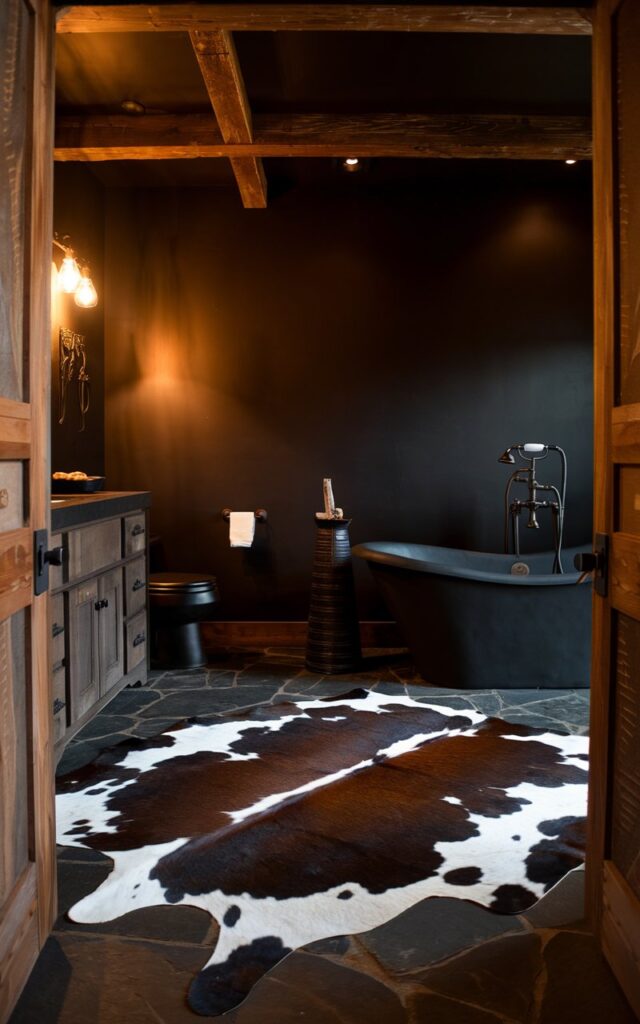 A photo of a rustic moody bathroom with a cowhide rug sprawled across dark stone flooring. The space features a deep espresso wall, a matte black freestanding tub, a vanity, a toilet, and antique bronze fixtures. The room is illuminated by warm, low lighting. The style is rustic moody, western elegance, and natural textures.