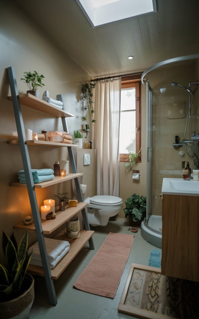 A photo of a rustic small bathroom with a sleek ladder shelf. The shelf contains essential items such as towels, toiletries, small plants, and candles. The bathroom has a toilet, a vanity, and a shower area. There is a curtained window, a floor rug, and plants. The bathroom has a skylight ceiling and is illuminated by mild light.
